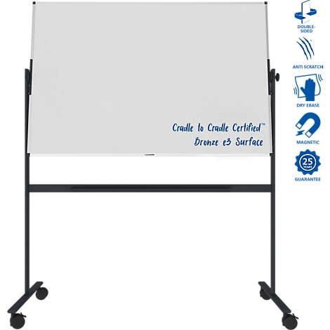 Tableau blanc double face sur roulettes avec texte : Cradle to Cradle Certified Bronze e3 Surface.